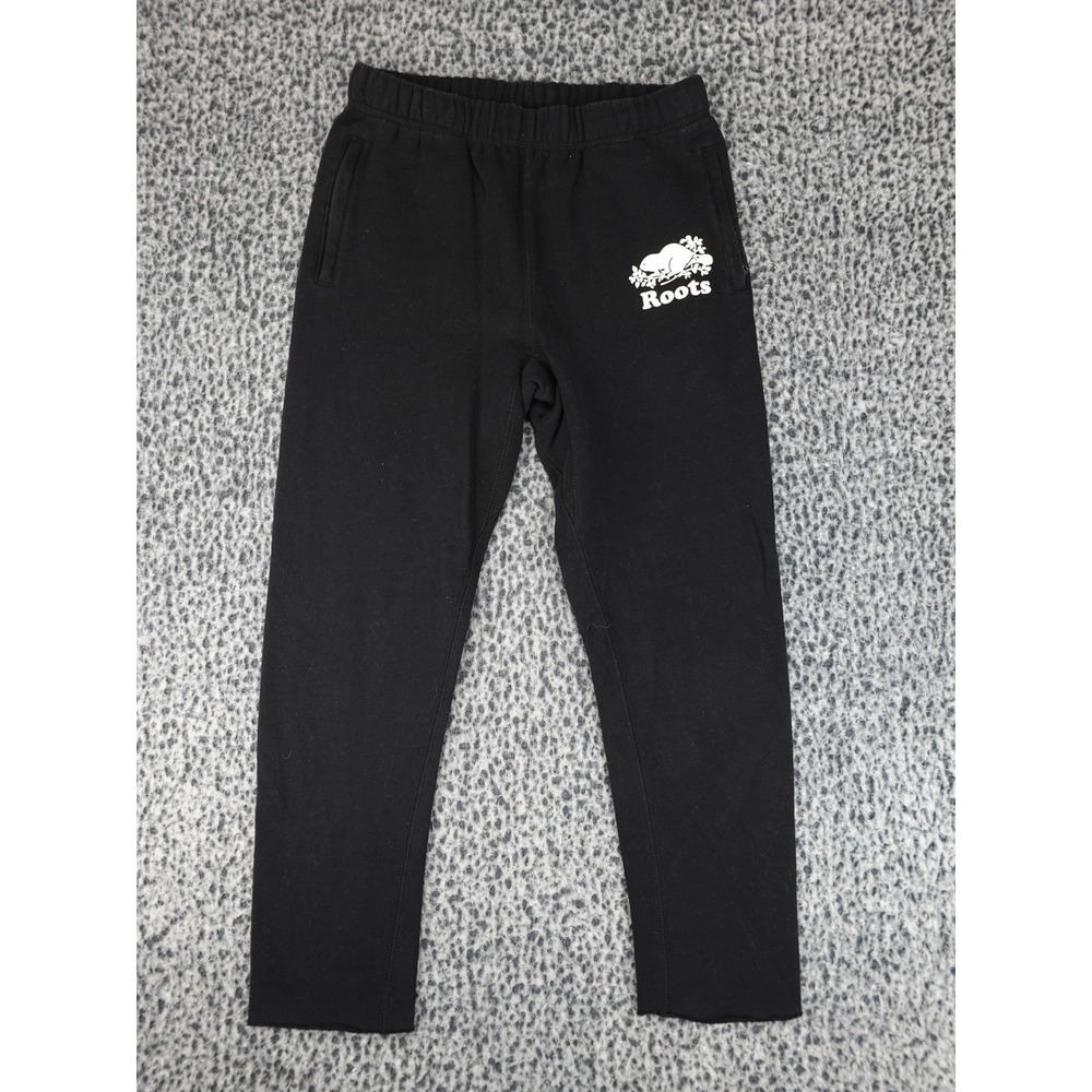 Roots Sweatpants Womens XS Black Beaver Logo Fleece Joggers Slim Fit 11762